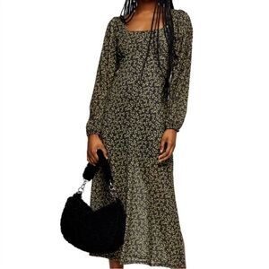 Topshop Black and Green Floral Long Sleeve Dress size 2